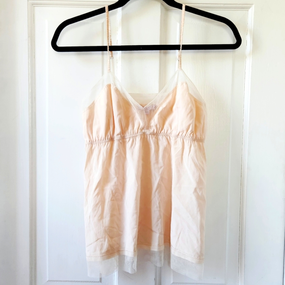 Calypso Light Peach Pink Babydoll Mesh Lace Trim Camisole Spaghetti Strap Top